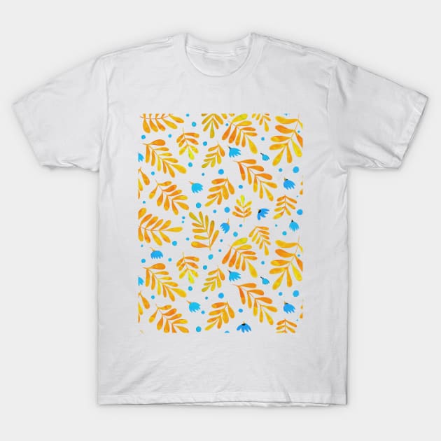 Watercolor branches and flowers - orange and blue T-Shirt by wackapacka